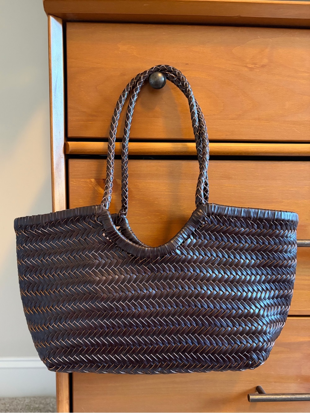 New Dragon Diffusion Nantucket Inspired Genuine Leather Woven Tote Bag Brown